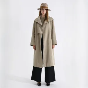 Chic Autumn Long Trench Coat with Stand Collar and Waist Bandage