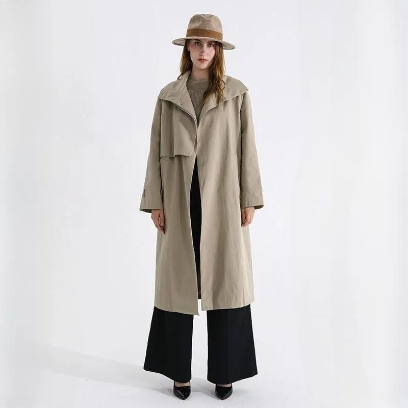 Chic Autumn Long Trench Coat with Stand Collar and Waist Bandage