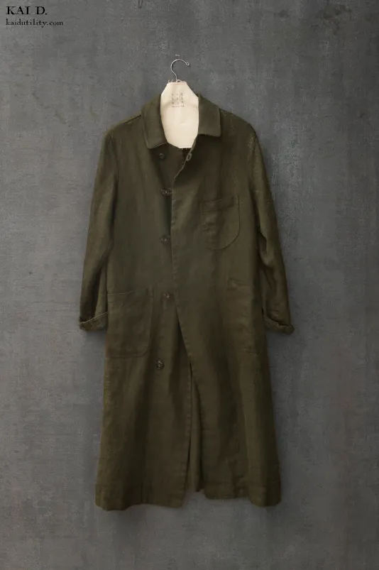 Heavy Linen Anthropologist Coat - Dark Green - S, M