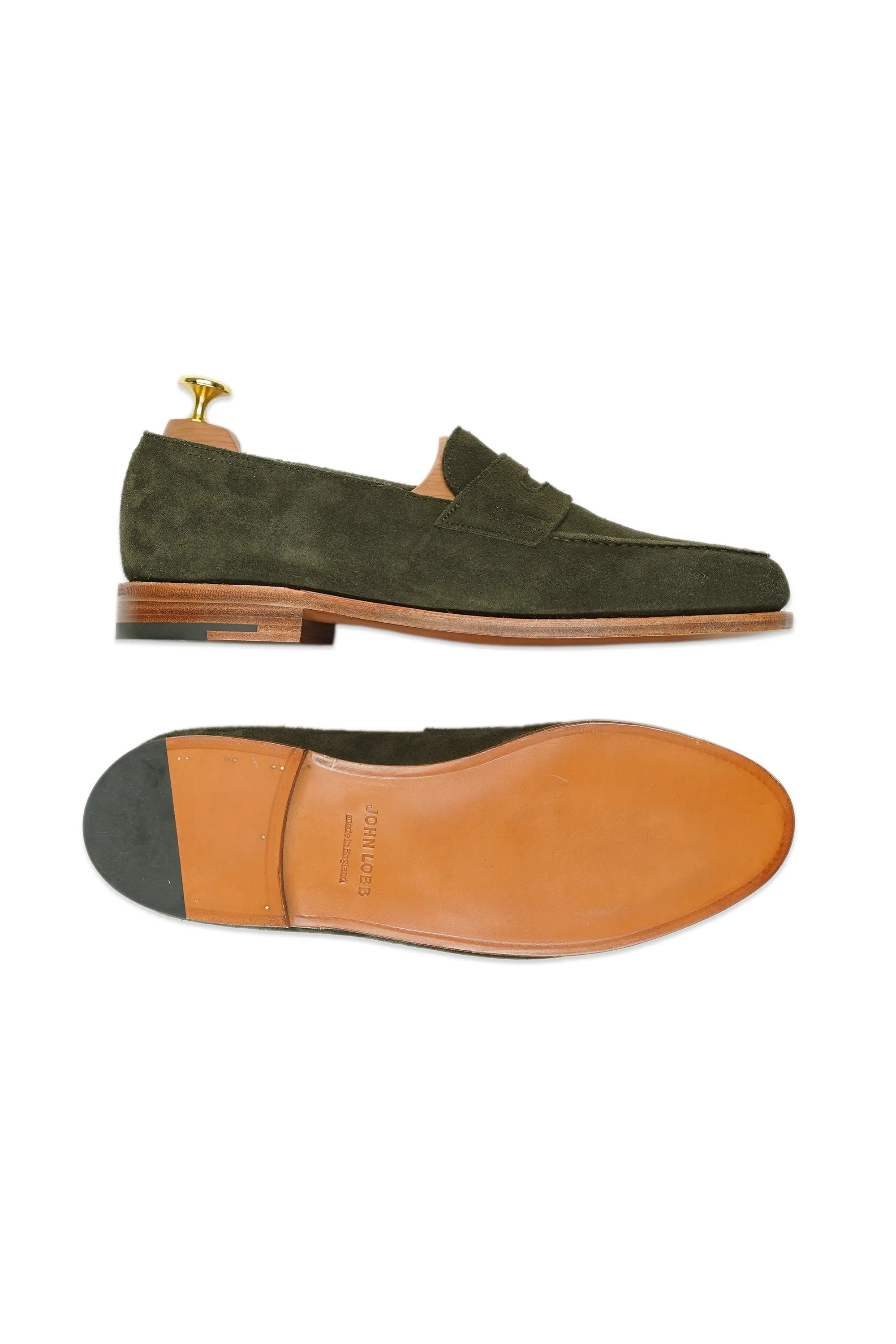 John Lobb Lopez Luxury Olive Unlined Suede Penny Loafers