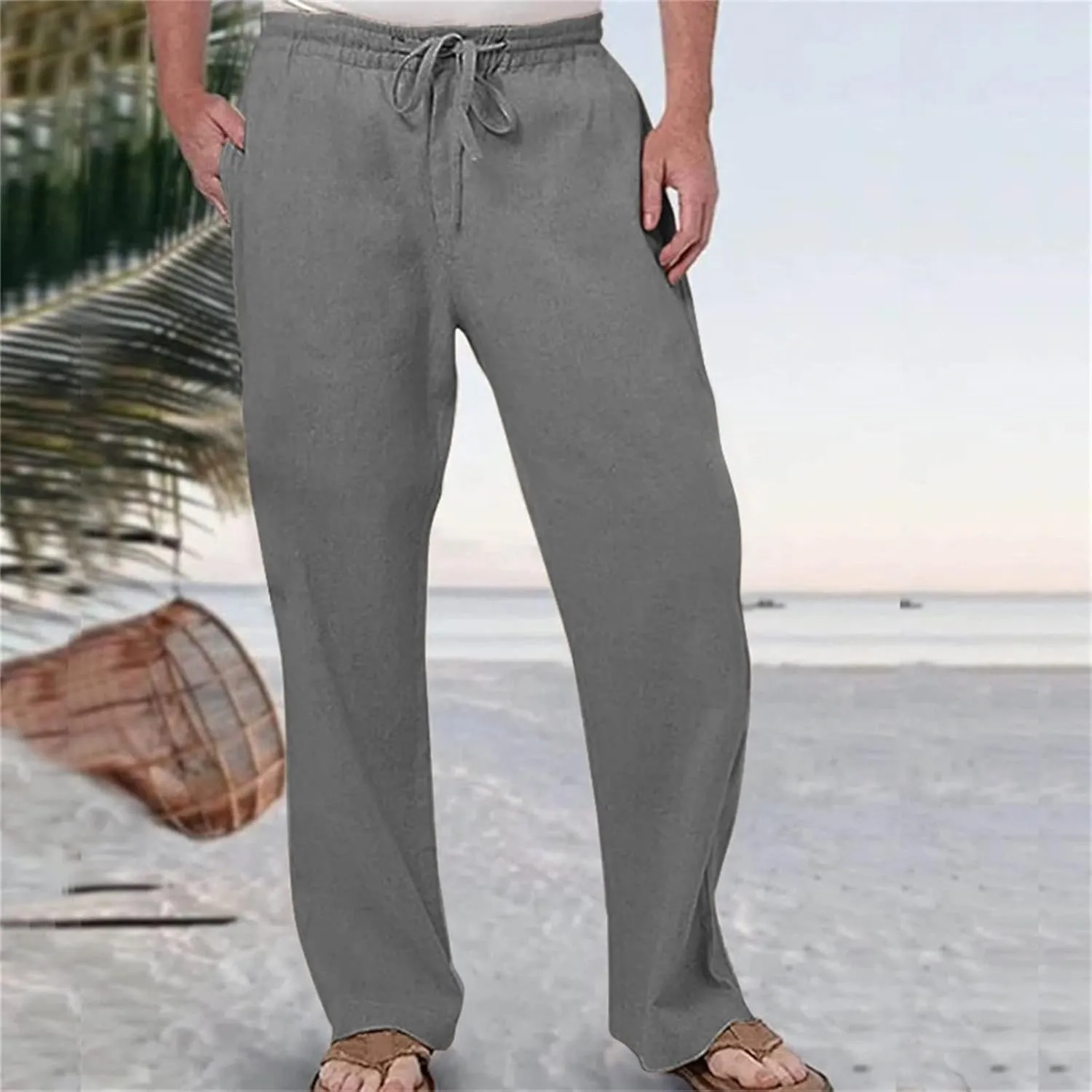 Men's Casual Linen Pants Drawstring Elastic Waist Summer Yoga Beach Pants Lightweight Loose Trousers