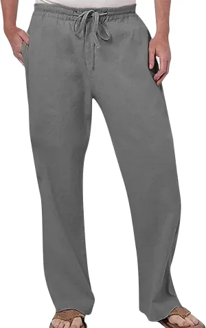Men's Casual Linen Pants Drawstring Elastic Waist Summer Yoga Beach Pants Lightweight Loose Trousers